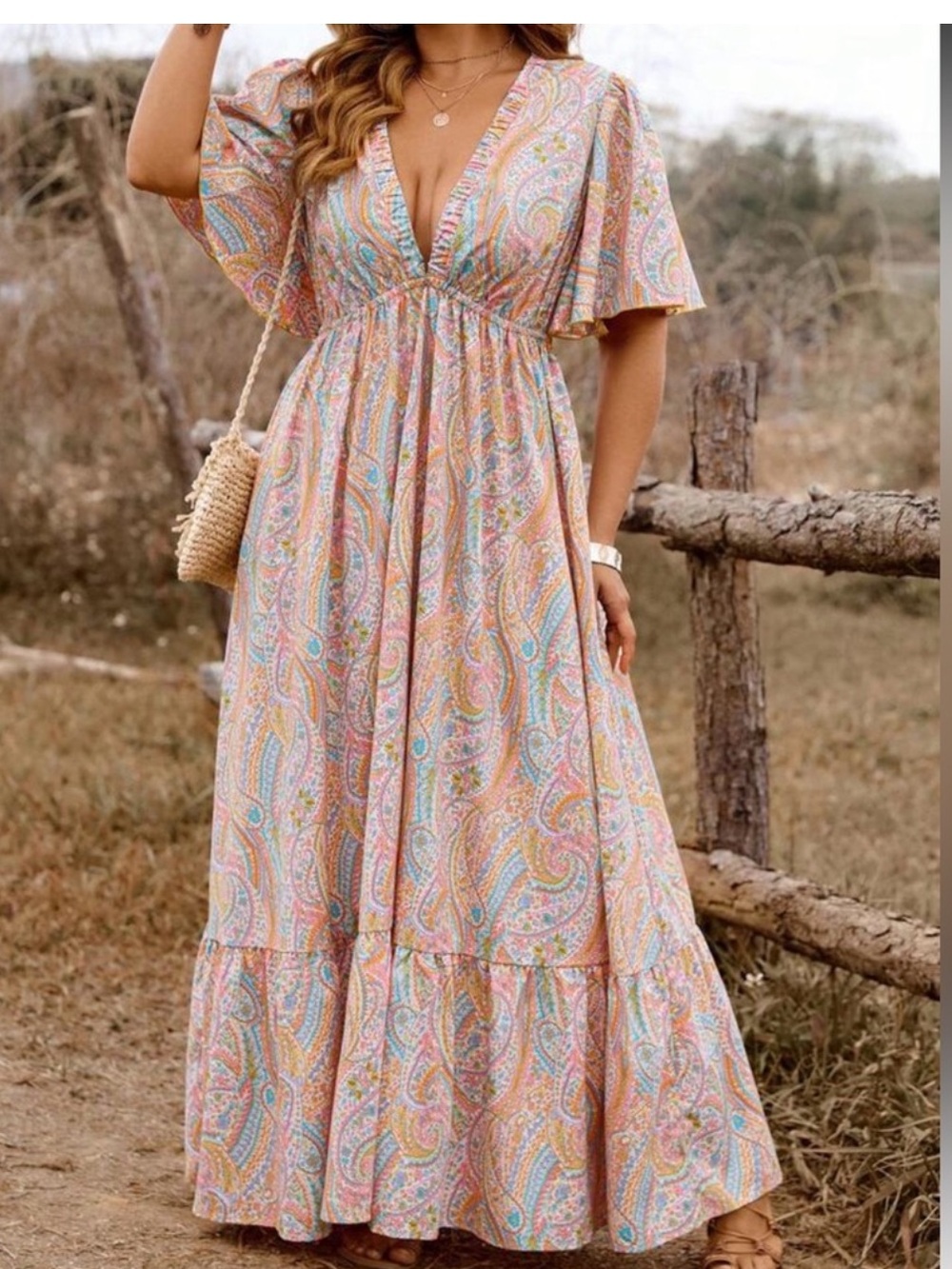 Paisley Boho Maxi Dress | Flutter Sleeve | Elastic Waist | 0XL - Picture 3 of 8
